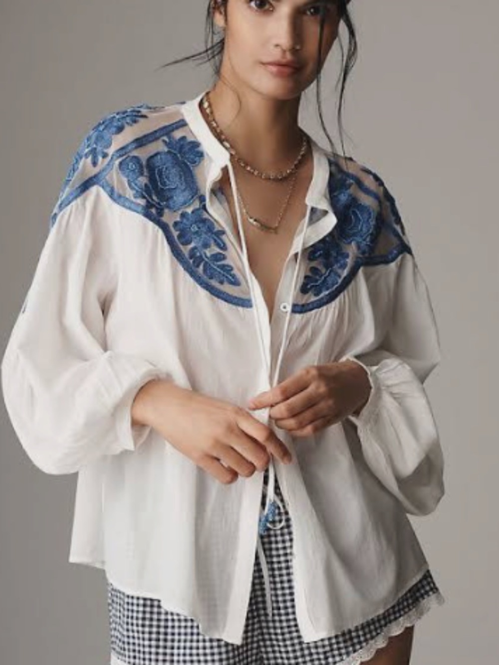 Anthropologie White & Cobalt Blue Embroidered Beaded Boho Blouse